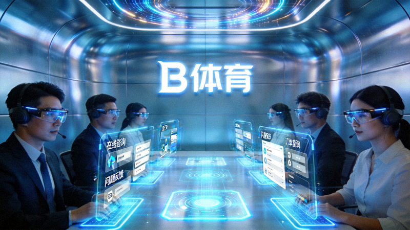 B体育客服团队工作场景概念图 - 未来风格的客服中心与全息通讯界面