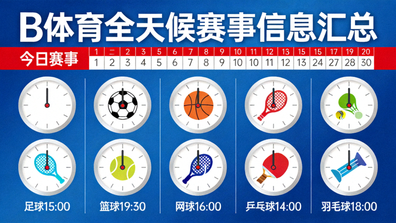 B体育平台全天候赛事信息汇总主视觉图 - 展示日历与各种体育项目时钟的融合设计