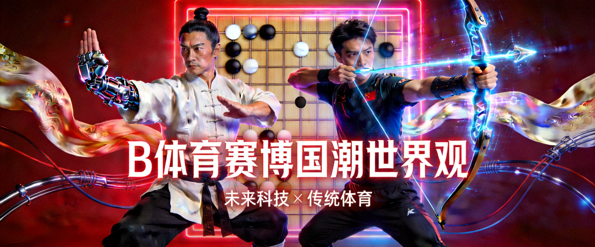 B体育赛博国潮世界观大横幅 - 融合未来科技与中国传统体育元素的美术场景